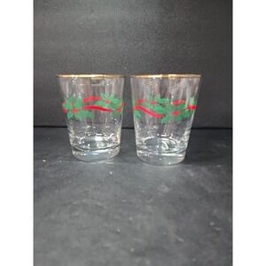 Libbey Gold Rim Christmas‎ Tumblers, Set of 2, Holly & Ribbon Glasses, Drinkware